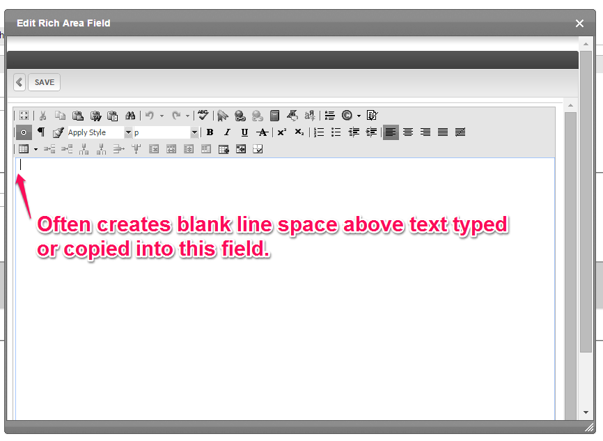 Example of Blank line spaces above text typed or copied into the Paragraph Copy field