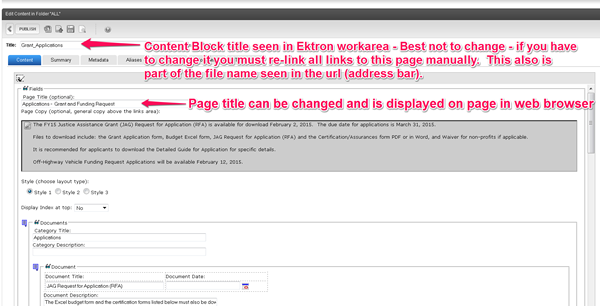 Image showing the location of the Content block title and the page title - best not to change - if you change you'll need to manually redirect every link in the site to the content