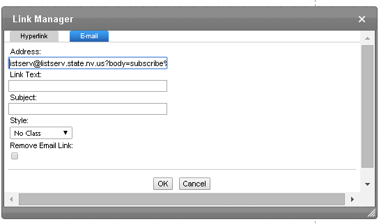 Example of Listserv address in the Link Manager Dialog box