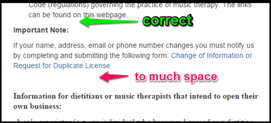 Spacing example showing incorrect and correct spacing between paragraphs